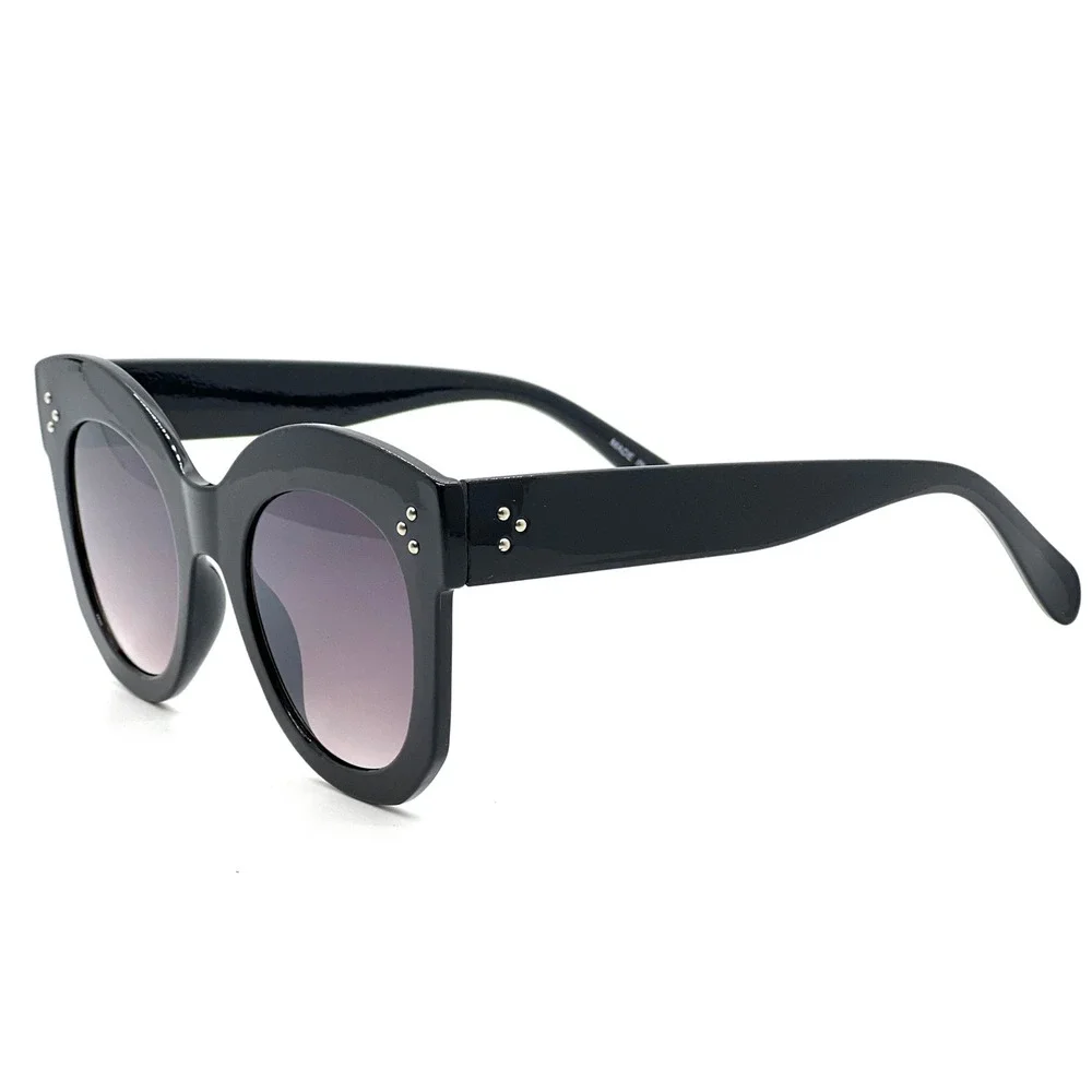 Black Oversized Cat Eye Sunglasses Gradient Smoke Lens‎ Silver Stud Accents NEW
